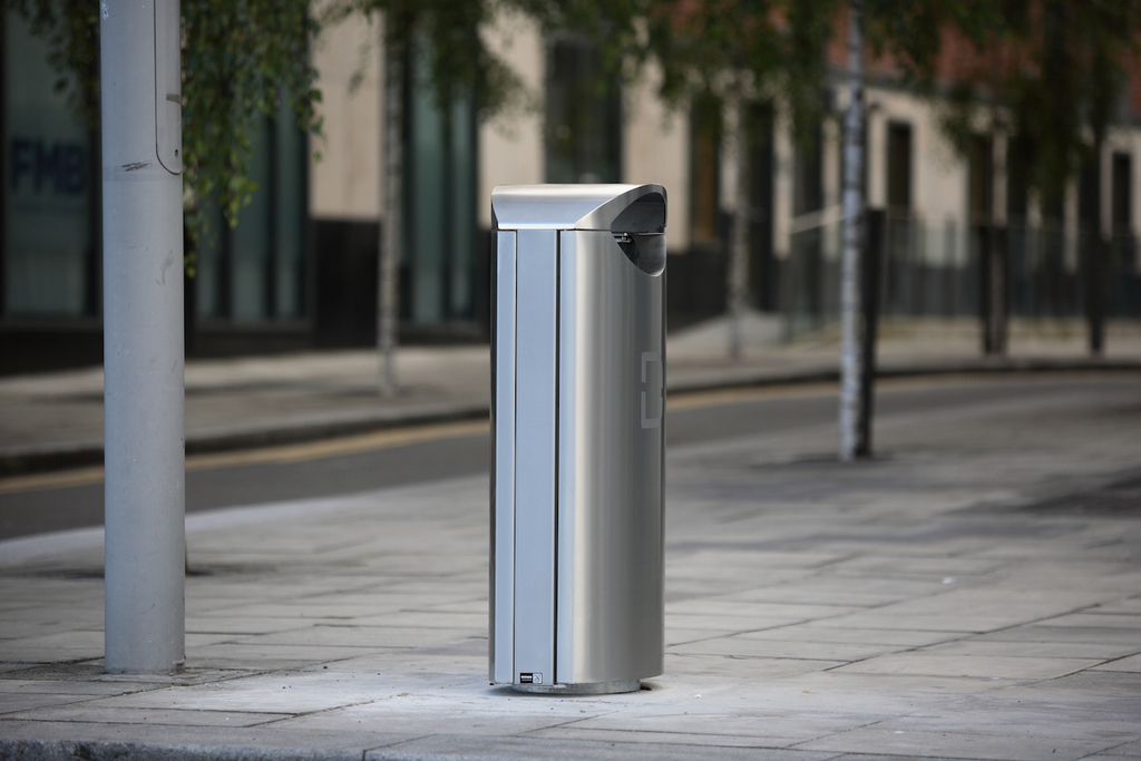 Stainless steel bins for Dublin Docklands business area Omos ESI