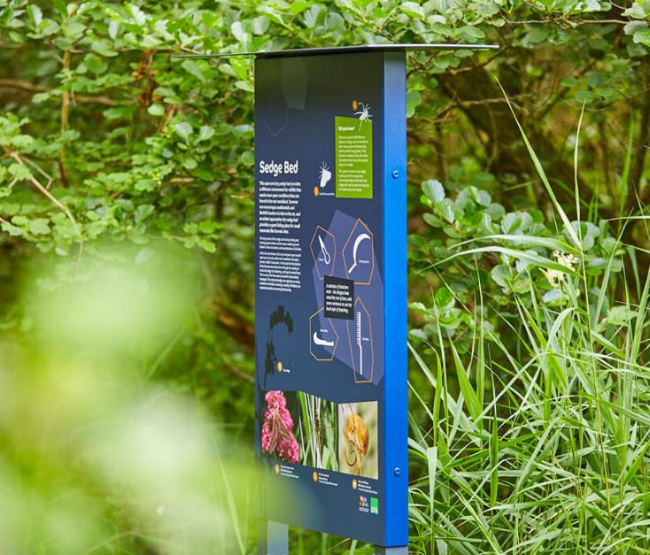 Bespoke weatherproof metal signage for wetland trail Landmark ESI