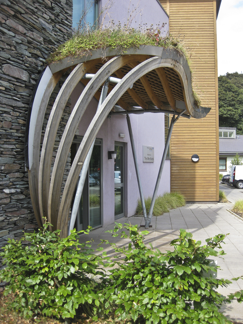 Green roof entrance canopy for NHS mental care unit Handspring Design ESI Building Design