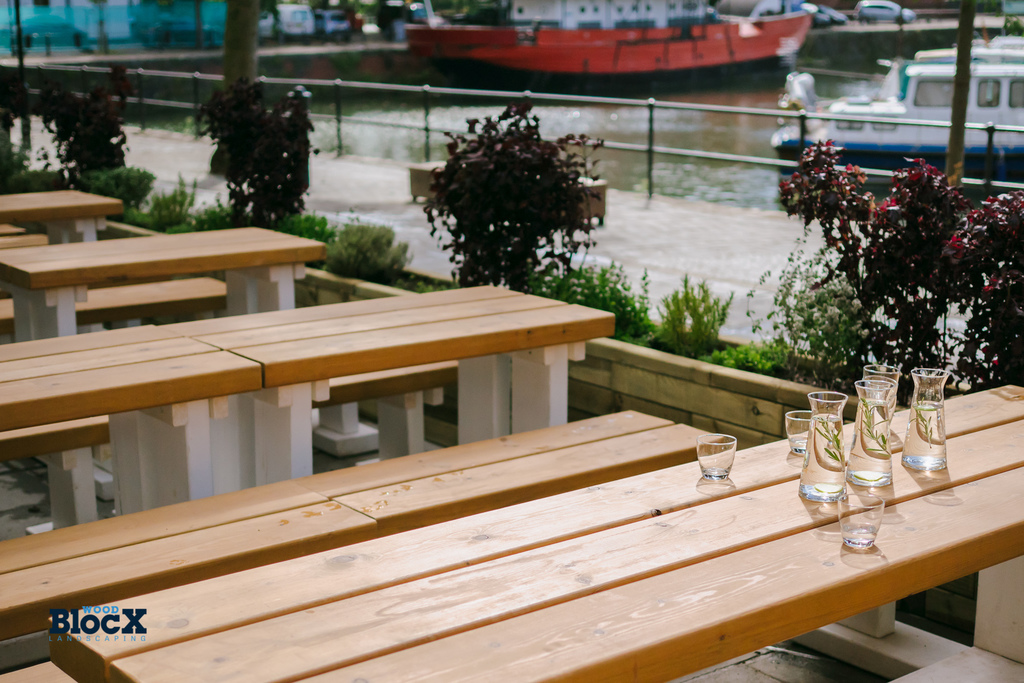 Wooden planters for restaurant's outdoor dining area WoodBlocX ESI
