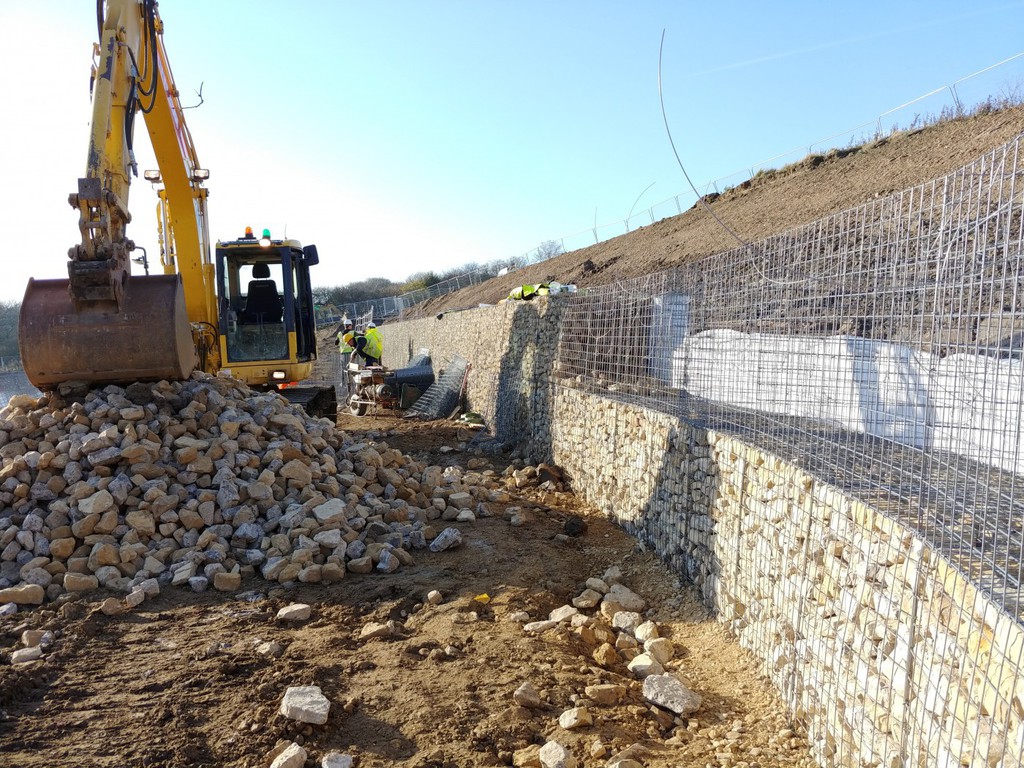 Twotier gabion wall for housing development SuDS pond Phi Group