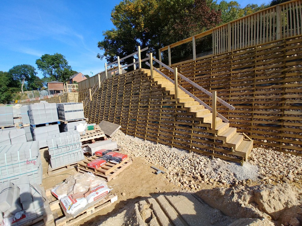 Cost effective timber crib wall and steps housing site Phi Group ESI External Works