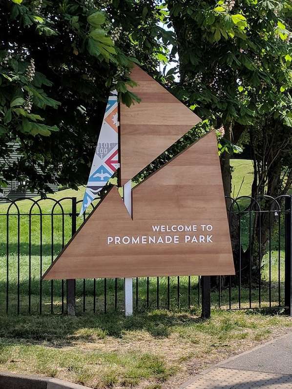Entrance signage for historic riverfront public park Fitzpatrick