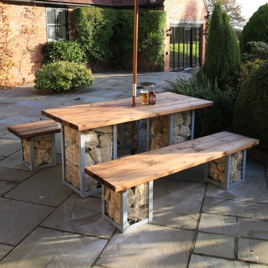 Gabion picnic table and bench set Woodberry of ...