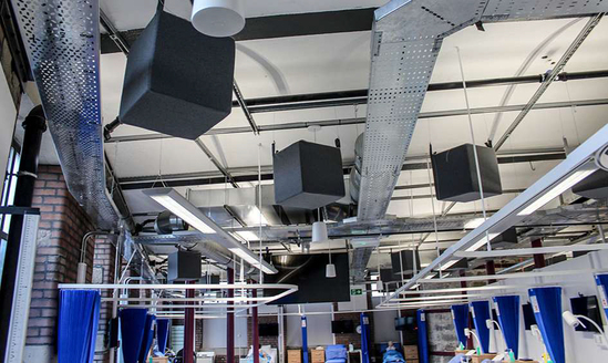 Acoustic cubes suspended on wire fixing kits