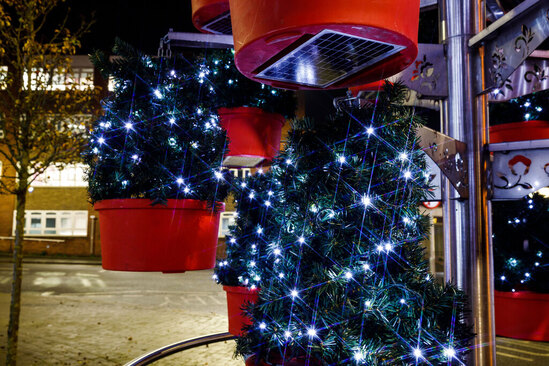 Solar-powered hanging Christmas trees