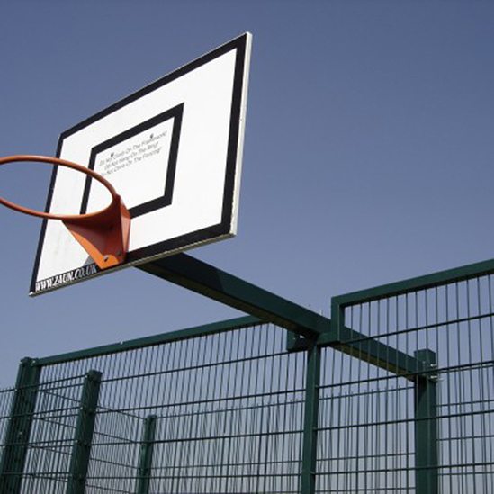 Fence mounted basketball hoop with steel backboard Zaun ESI