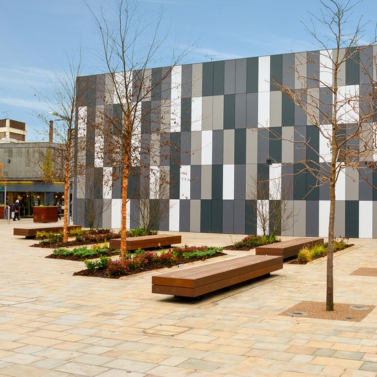 Street furniture for Stockport's Redrock leisure scheme Artform Urban Furniture ESI External