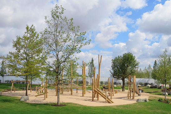 Timber play equipment for housing play area, Alconbury
