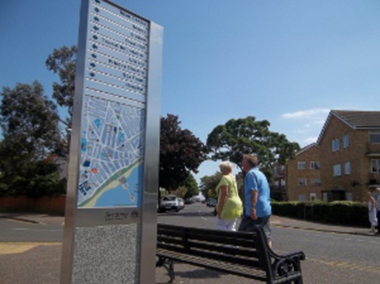 Brushed stainless steel wayfinding for Clacton-on-Sea ...