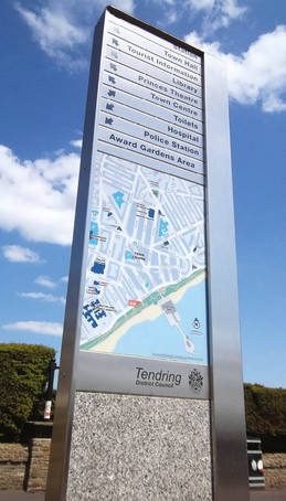 Brushed stainless steel wayfinding for Clacton-on-Sea ...