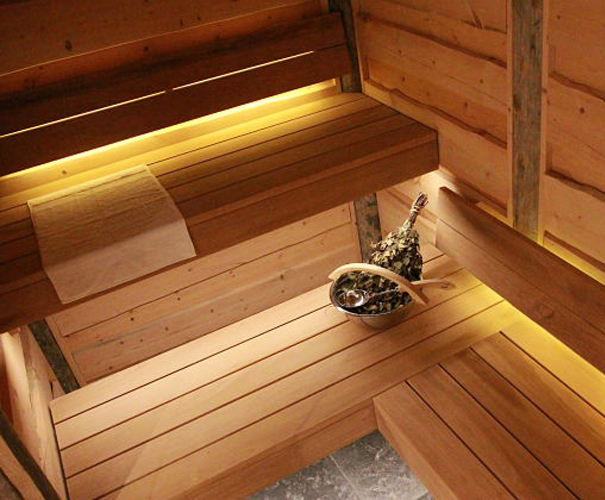 Rustic sauna and steam room for thermal spa, London Drom UK ESI