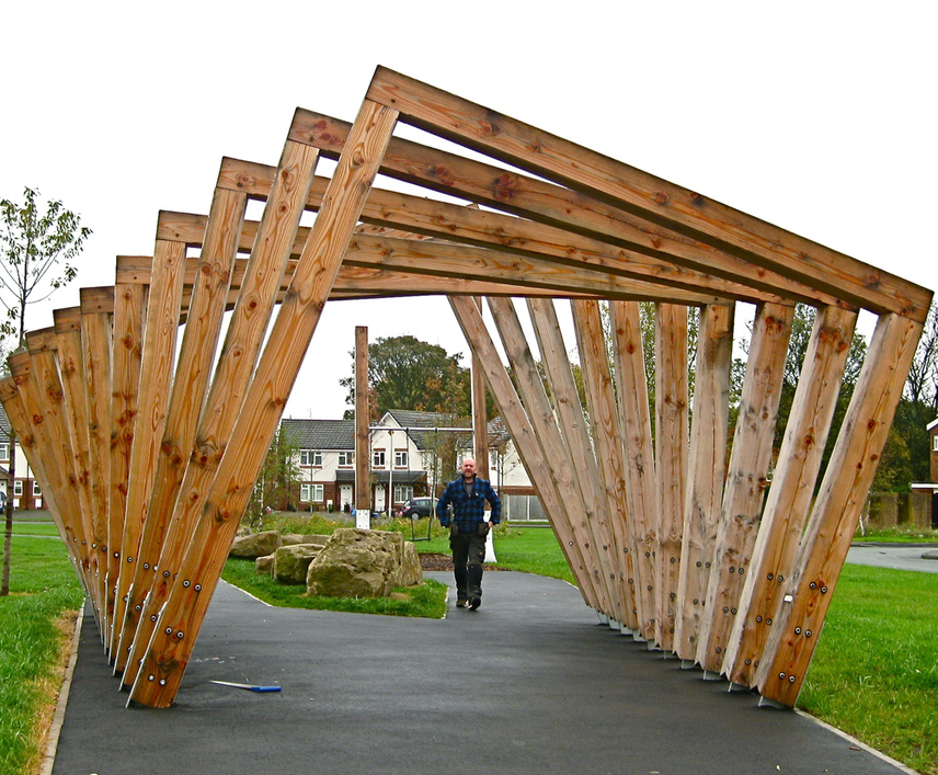 Twisting Frame Timber Pergola Handspring Design ESI External Works Twisting Frame and Swing Seat in Douglas fir - Twisting Frame Timber Pergola Handspring Design ESI External Works