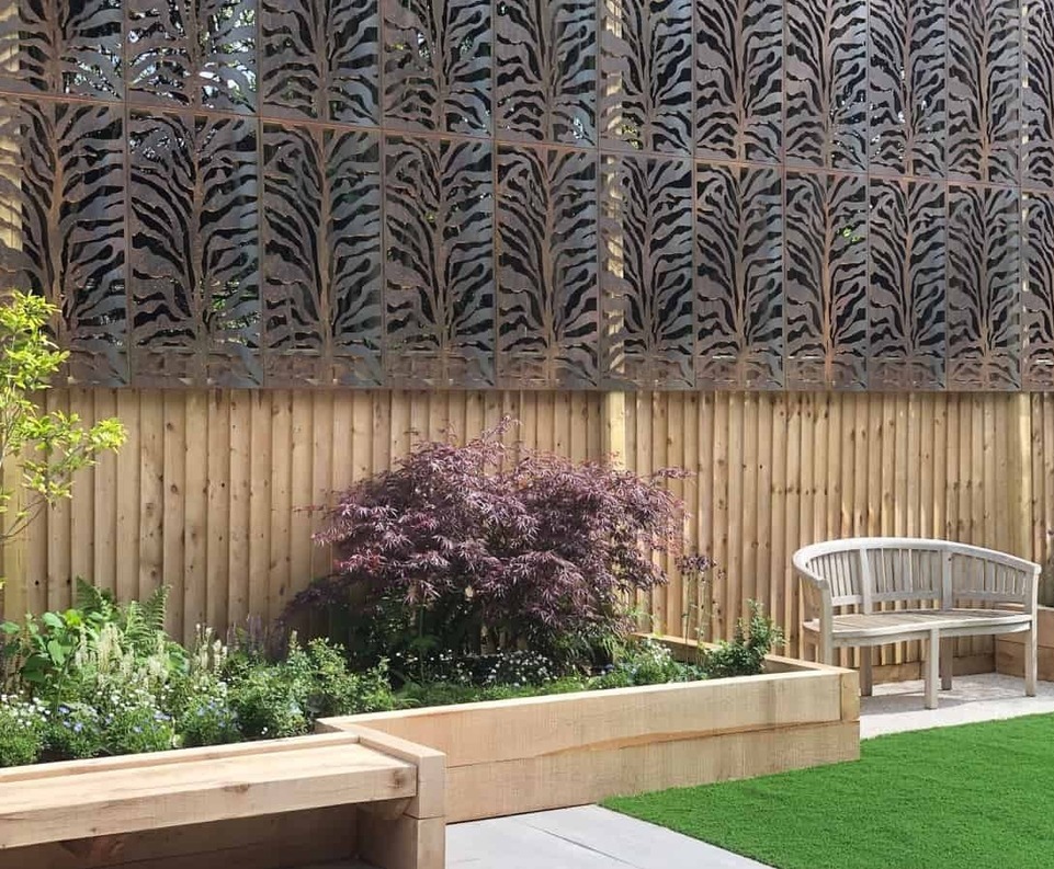 Decorative lasercut corten screens for private garden CORE Landscape