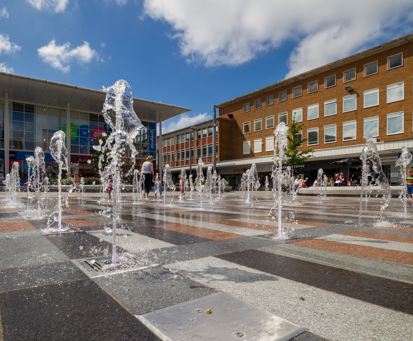 Illuminated 50jet dry plaza water feature Crawley Fountains Direct ESI External Works