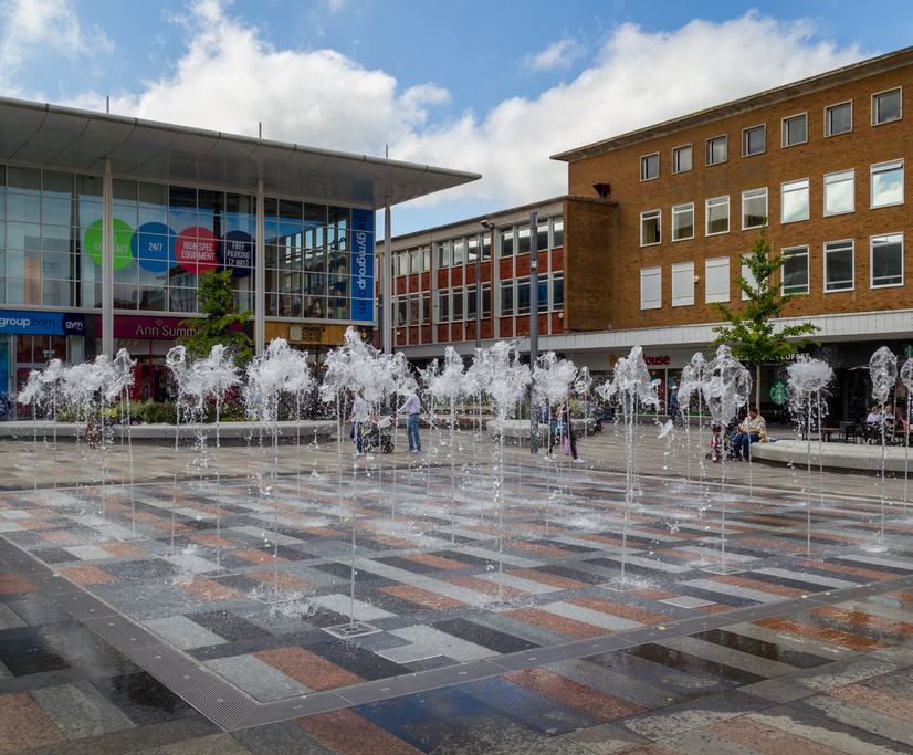 Illuminated 50jet dry plaza water feature Crawley Fountains Direct ESI External Works