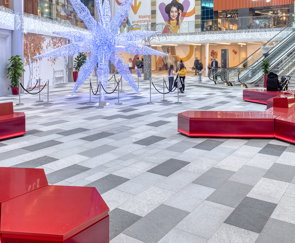 Mixed granite paving for intu Watford shopping mall Marshalls ESI