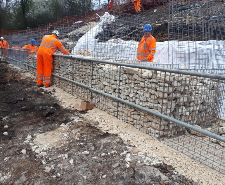 Gabion retaining walls stabilise railway embankment Phi Group ESI