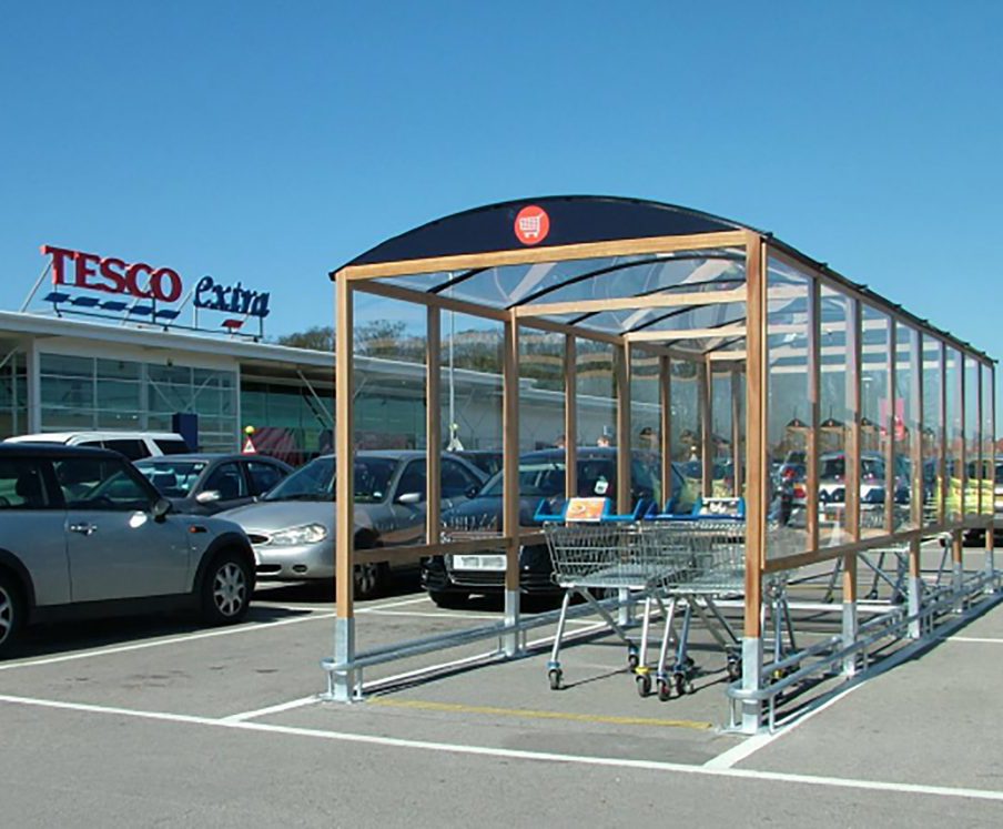 External furniture and trolley shelters for supermarket Woodscape