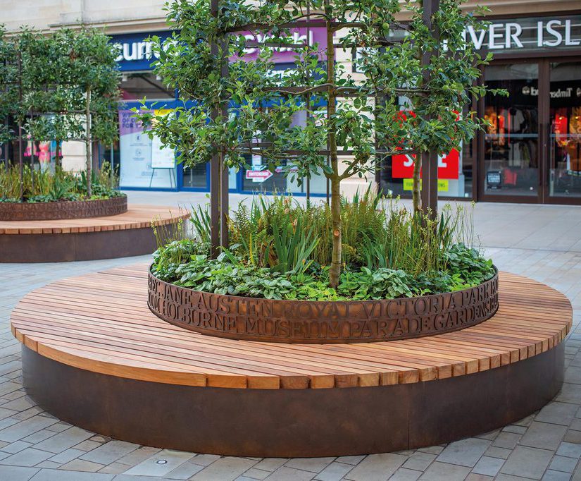 Movable circular hardwood tree seats for public realm | Woodscape | ESI ...