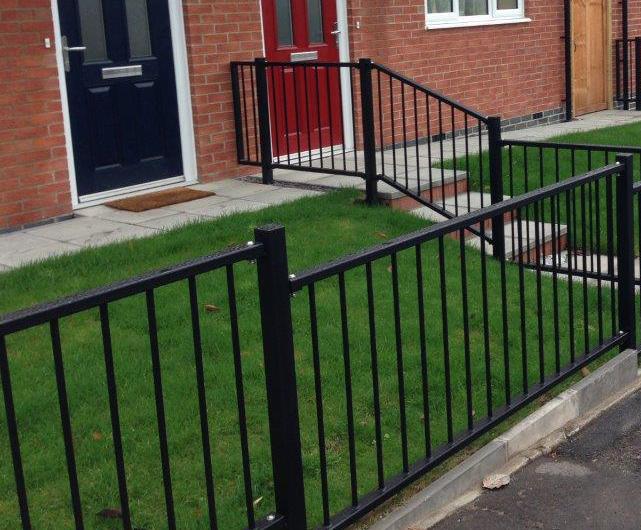 Flat top steel fencing Alpha Rail ESI External Works