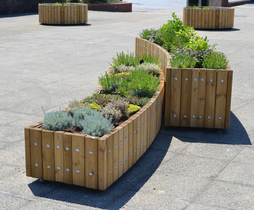 Swithland curved timber planters Street Design ESI External Works