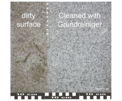 Typical surface grime (L), cleaned with Grundreiniger