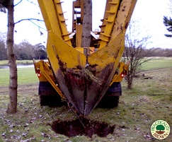 Tree spade cuts the ground and lifts the first tree