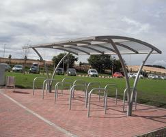 Bike shelter, cycle stands and litter bin