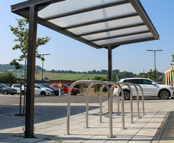 Heron cycle shelter with Sheffield cycle stands