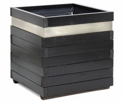 Blok Silverline timber planter with brushed steel band