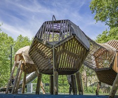 Climbing frame features 3 interconnected pods