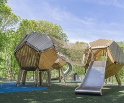 Wooden climbing frames with two slides