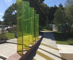 Yellow glass panels with illustrations