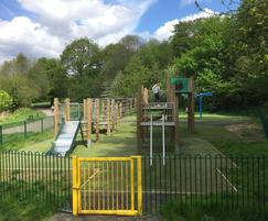 Play equipment, bow-top fencing and self-closing gate